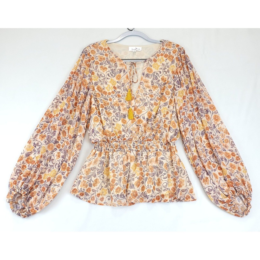 Floral Peasant Peplum Blouse Boho Sheer Women 2X Cream Orange Cottegcore Chic